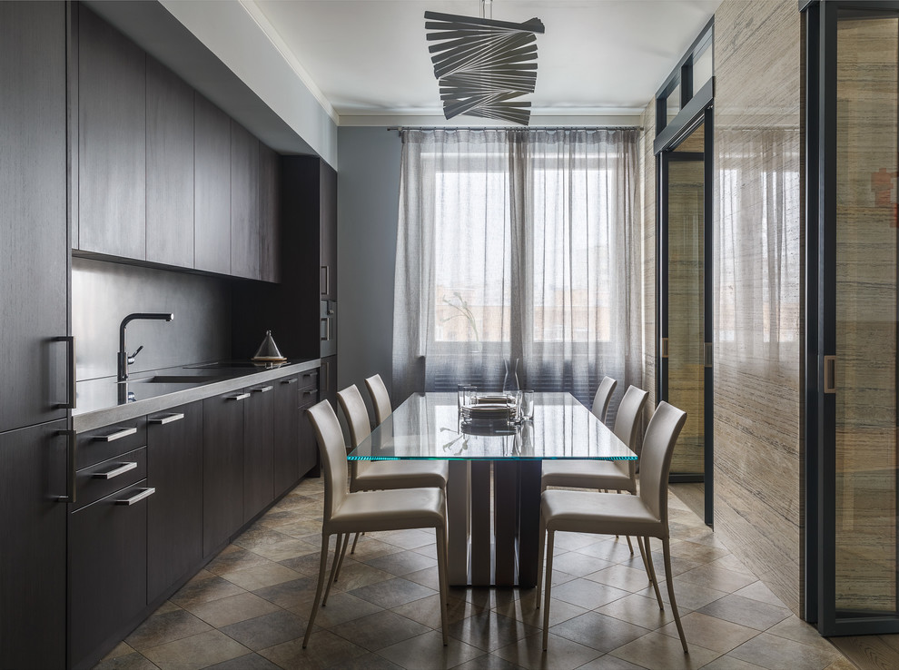 Inspiration for a mid-sized contemporary single-wall eat-in kitchen in Moscow with an integrated sink, flat-panel cabinets, stainless steel benchtops, metallic splashback, panelled appliances, porcelain floors, no island, beige floor and dark wood cabinets.