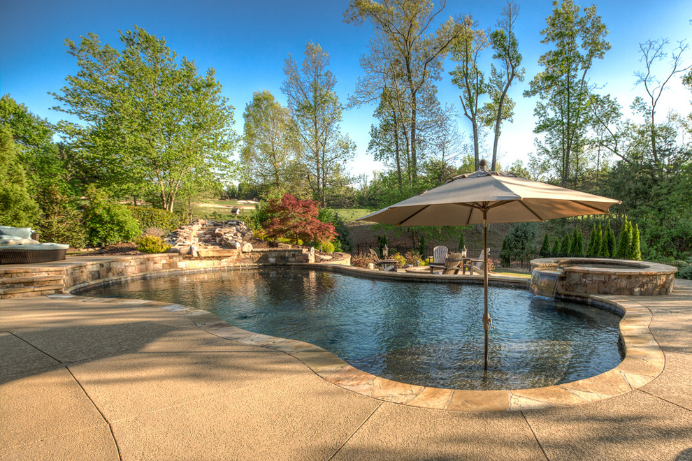 Photo of a large traditional backyard custom-shaped natural pool in Atlanta with a water feature and stamped concrete.