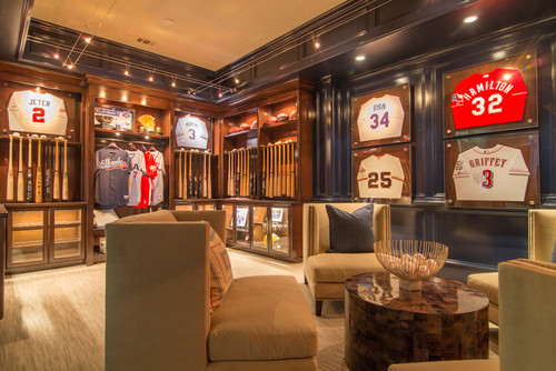 A sophisticated sports mans dream. Hung bats and jerseys make great decor options.