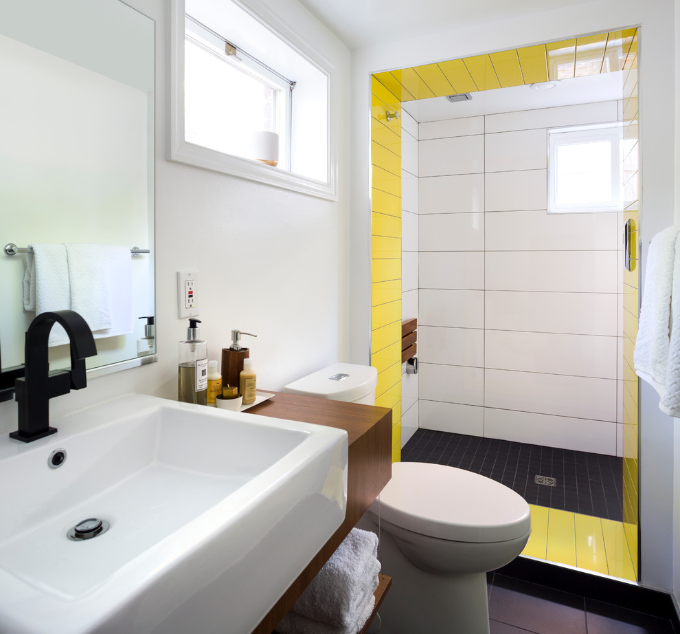 Small contemporary master bathroom in DC Metro with white walls.