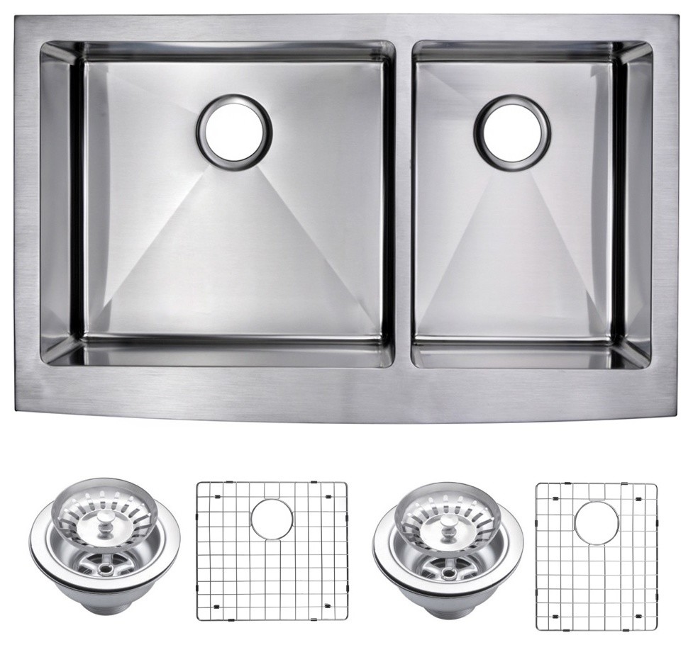 Corner Radius 60/40 Apron Front Sink With Drain, Strainers, & Bottom Grids