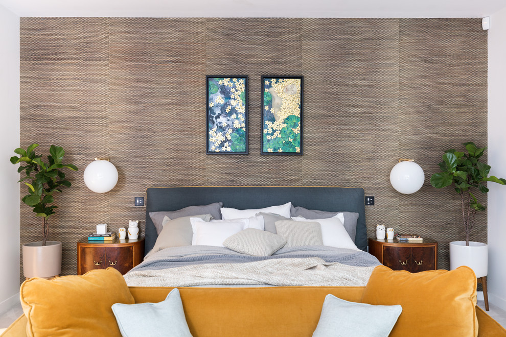 Design ideas for a midcentury bedroom in London with beige walls.