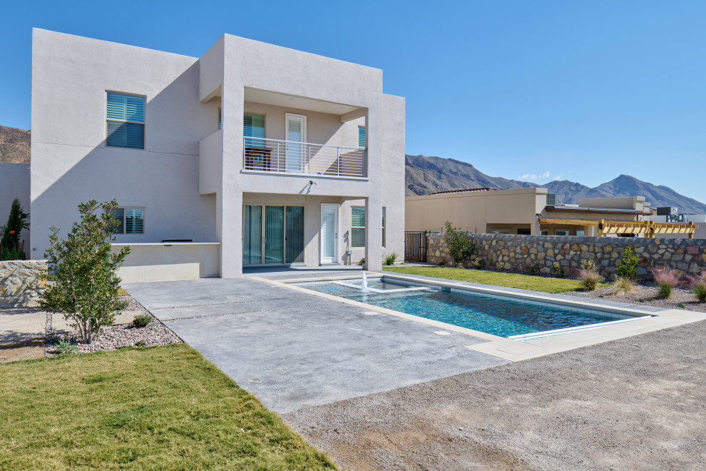 Ispirazione per una piscina naturale design rettangolare di medie dimensioni e dietro casa con paesaggistica bordo piscina e lastre di cemento