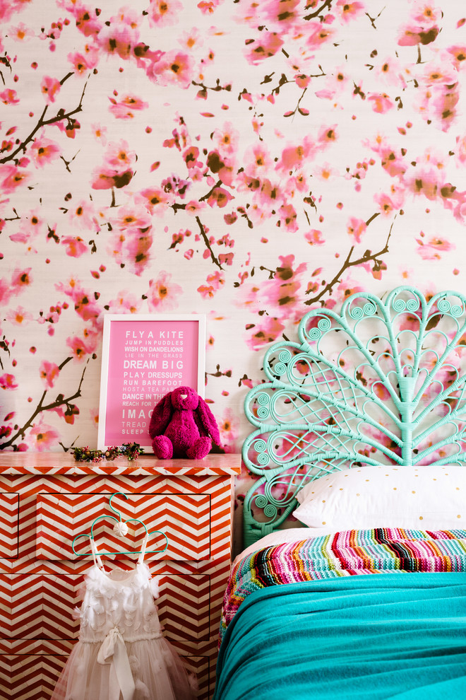 Photo of a contemporary kids' bedroom for girls in Perth with pink walls.