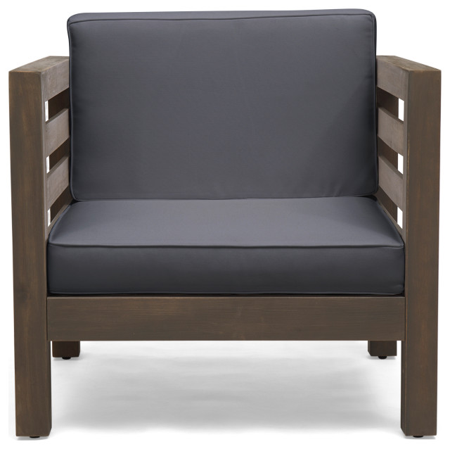 Louise Outdoor Acacia Wood Club Chair With Cushion, Dark Gray
