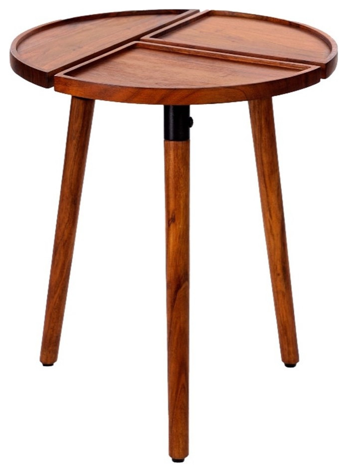 18 Inch Round Acacia Wood Side Accent End Table with 3 Tabletop Sections Midcentury Side