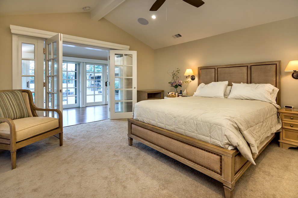 Inspiration for a transitional bedroom in San Francisco with beige walls.