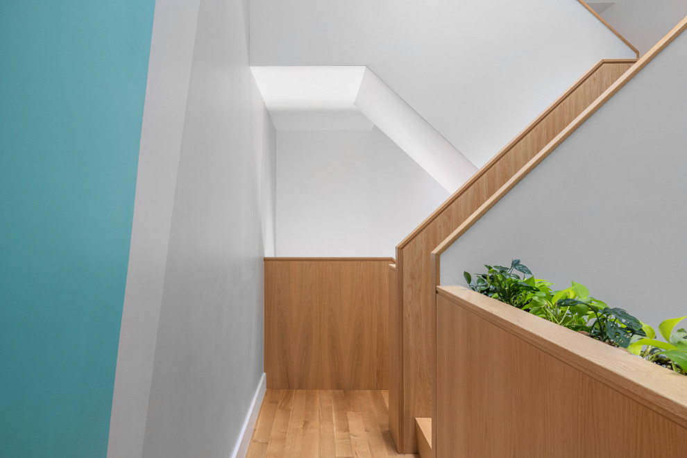 Inspiration for a modern light wood floor hallway remodel in New York