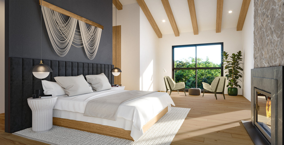 Foto de dormitorio principal moderno extra grande con suelo de madera clara, chimenea de doble cara, marco de chimenea de piedra y vigas vistas
