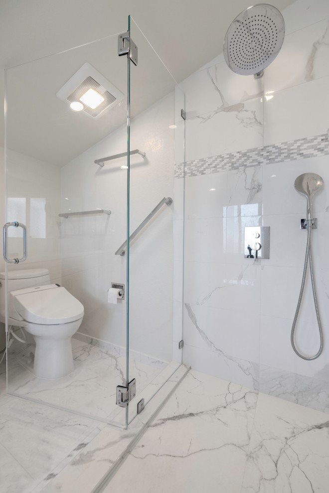 Design ideas for a mid-sized contemporary master bathroom in San Francisco with shaker cabinets, white cabinets, white tile, porcelain tile, white walls, porcelain floors, an undermount sink, engineered quartz benchtops, white floor, a hinged shower door, white benchtops, a shower seat, a single vanity and a built-in vanity.