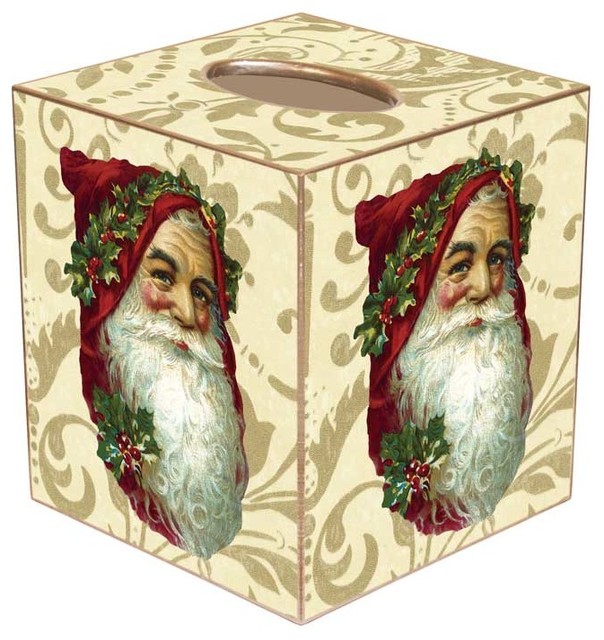 TB2530 Santa Face on Creme & Gold Damask Tissue Box Cover