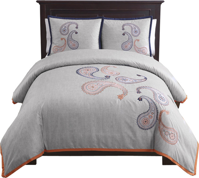 3 Piece Paisley Embroidered Duvet Cover Set On Closure Corner 3 Piece Paisley Embroidered Duvet Cover Set On Closure Corner Ties Contemporary Covers And Sets By Imtinanz Llc