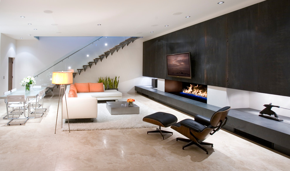 Design ideas for a modern living room in San Diego with a ribbon fireplace and beige floor.