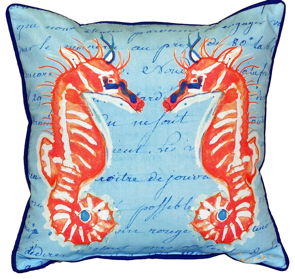 Betsy Drake Coral Sea Horses Blue Small Indoor/Outdoor Pillow 12x12 ...