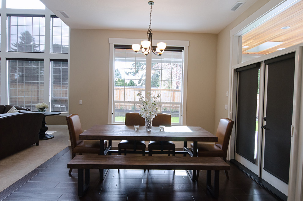 Photo of a mid-sized transitional open plan dining in Portland with beige walls and dark hardwood floors.
