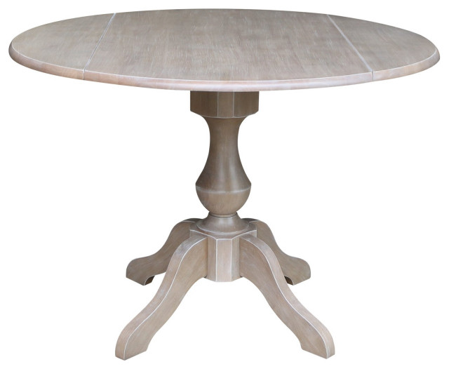 Dining Table, Elegant Pedestal Base & Drop Leaf Top, Washed Gray Taupe, 30.3" H Traditional