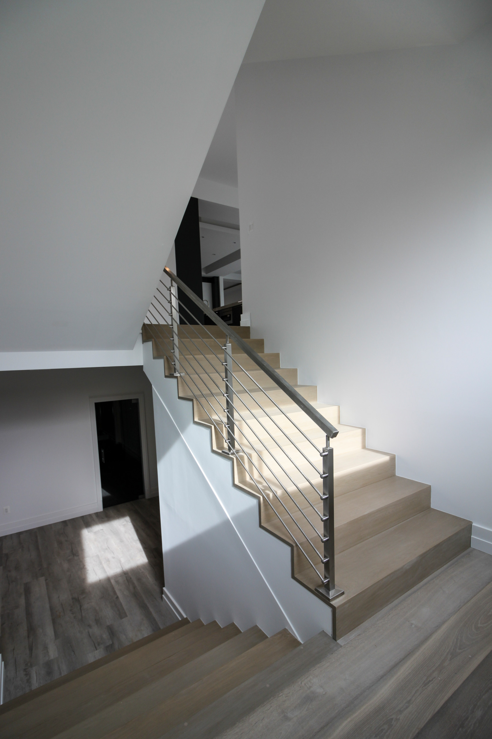75_Modern Stairway: White O 75_ak & Stainless Steel Balustrade, McLean VA 22101