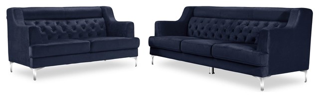 Zara Fabric Tufted Sofa And Loveseat With Chrome Legs Navy Blue 2 Zara Fabric Tufted Sofa And Loveseat With Chrome Legs Navy Blue 2 Piece