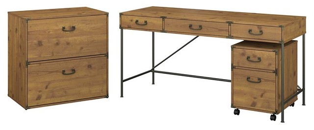 Writing Desk With File Cabinets In Vintage Golden Pine