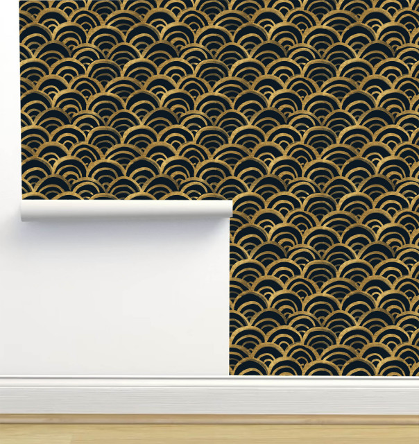 Gold Scallop Art Deco Black Wallpaper Contemporary Wallpaper by
