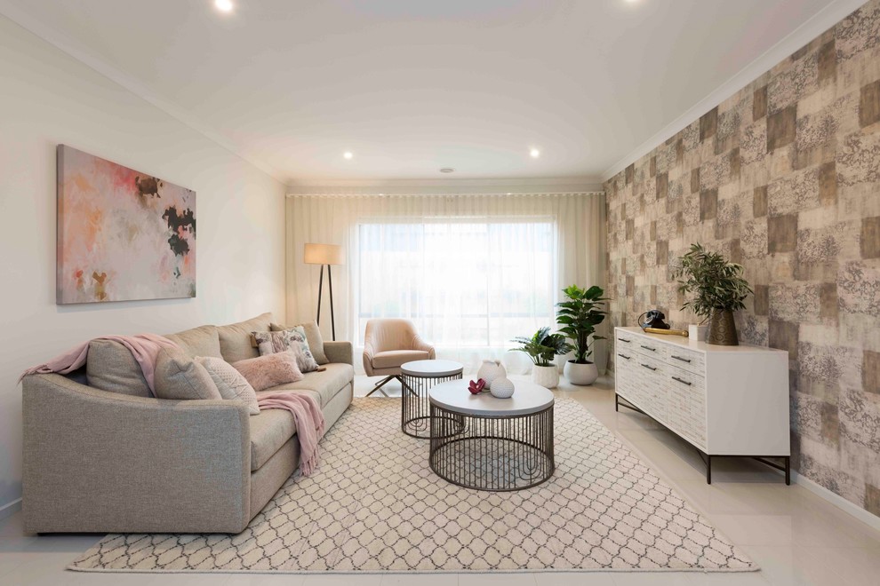 Photo of a contemporary formal enclosed living room in Melbourne with beige walls, beige floor and porcelain floors.