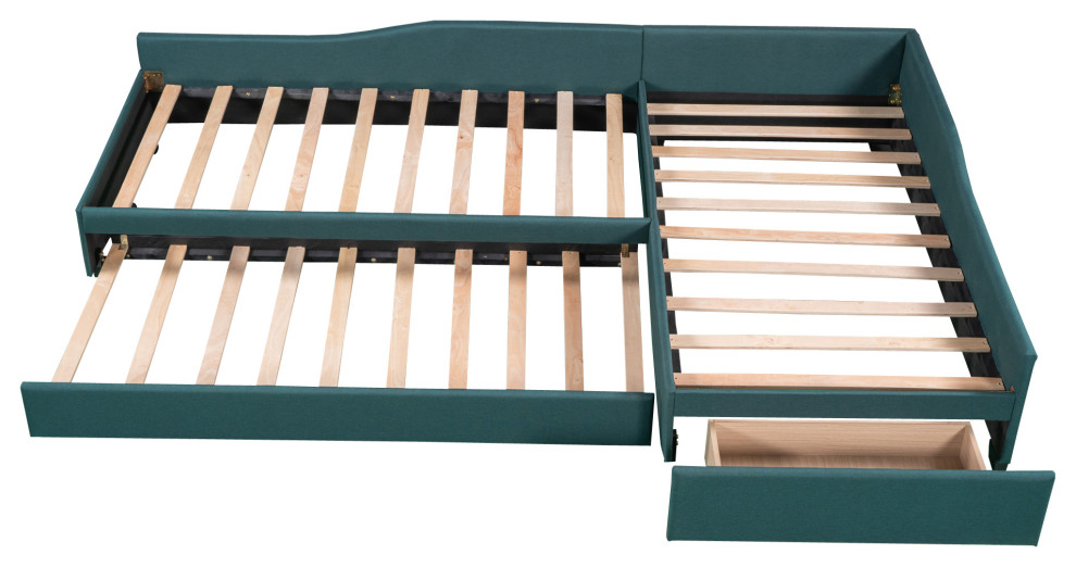 Gewnee Upholstered LShape Double Twin Daybeds with Trundle and Drawer