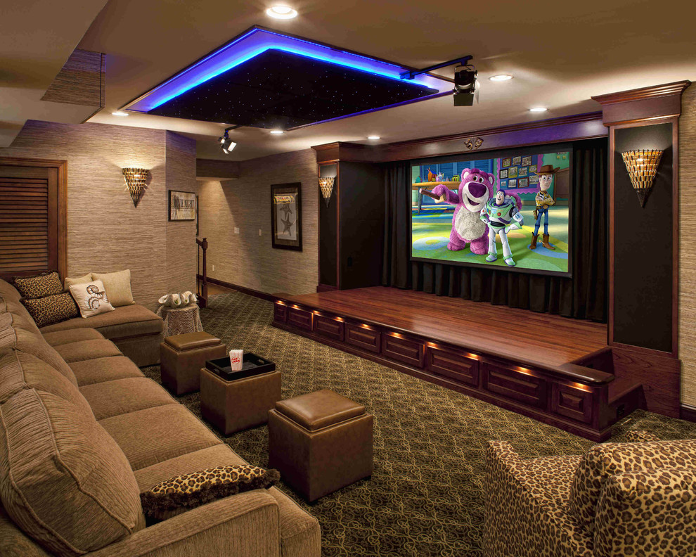 Design ideas for a large traditional open concept home theatre in Philadelphia with carpet, a projector screen, multi-coloured floor and grey walls.
