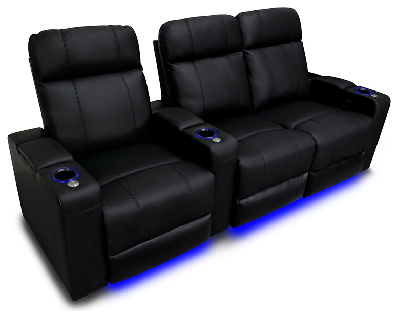 Valencia Piacenza Top Grain Leather Home Theater Seating Black, Row of 3 Loveseat Right