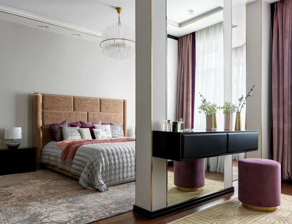 This is an example of a contemporary master bedroom in Moscow with grey walls, dark hardwood floors and brown floor.