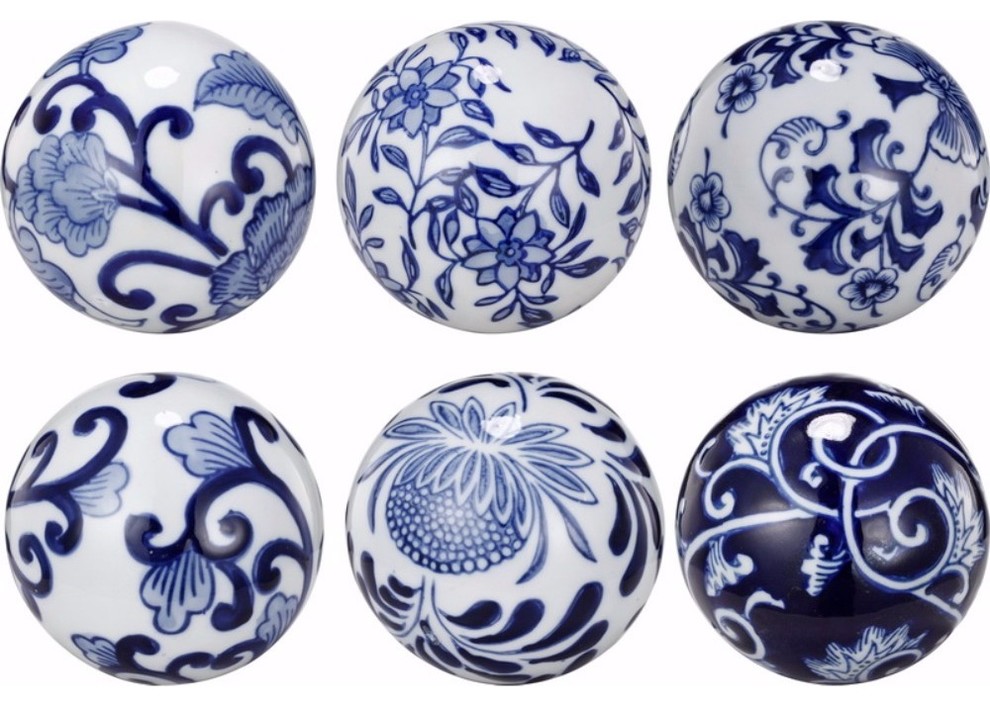 Benzara BM154492 Flashy Ceramic decorative Orbs, Blue and White, Set of 6