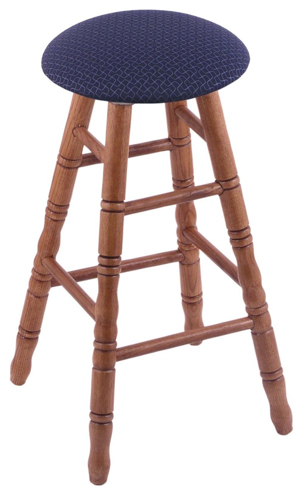 Oak Round Cushion Counter Stool, Turned Legs, Medium, Axis Denim Seat Traditional Bar Stools