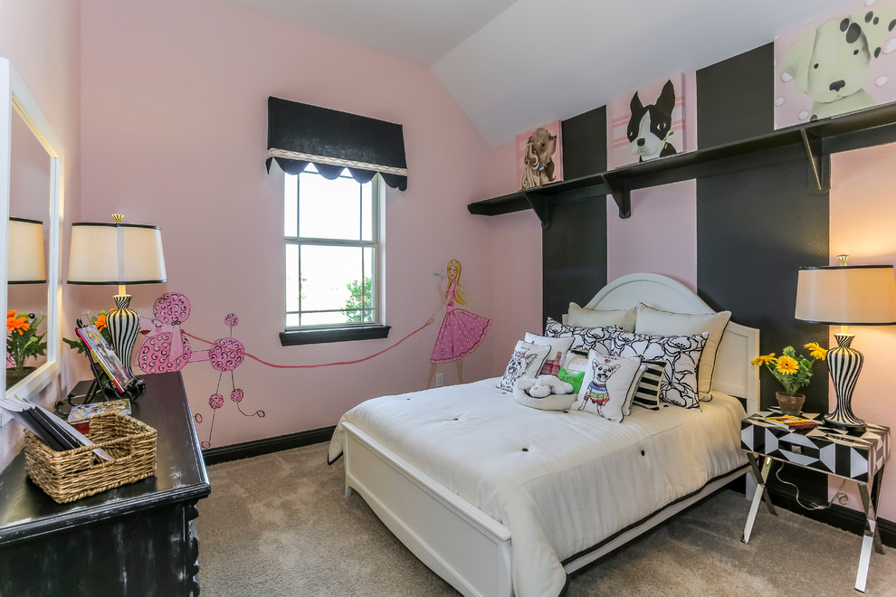 Inspiration for a mid-sized transitional kids' bedroom for kids 4-10 years old and girls in Houston with pink walls and carpet.
