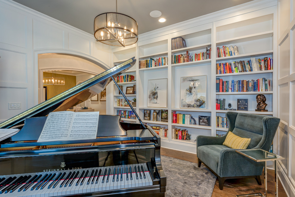 Inspiration for a contemporary open concept living room in Atlanta with a music area and dark hardwood floors.