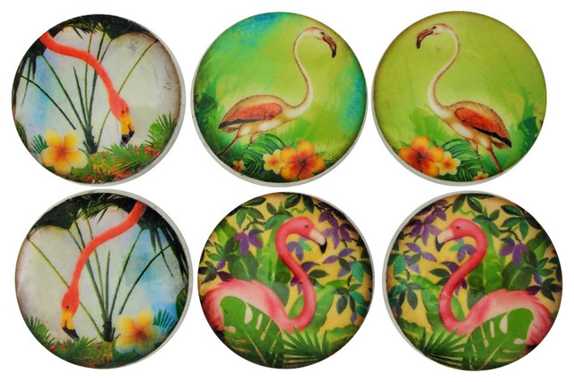 Tropical Pink Flamingo Cabinet Knobs 6 Piece Set Tropical