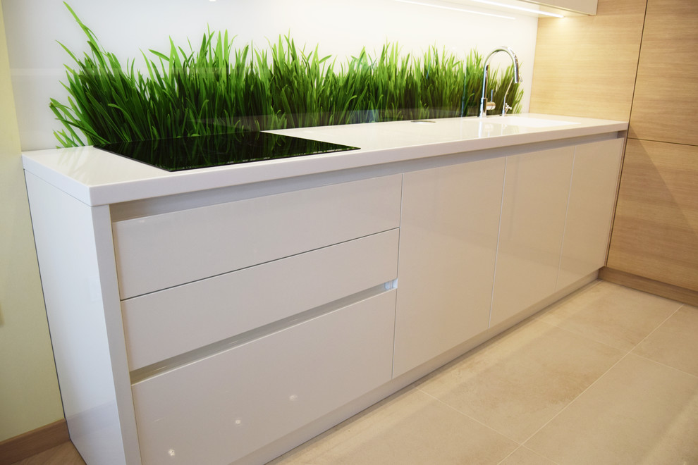 Кухня с белыми фасадами и фасадами из шпона