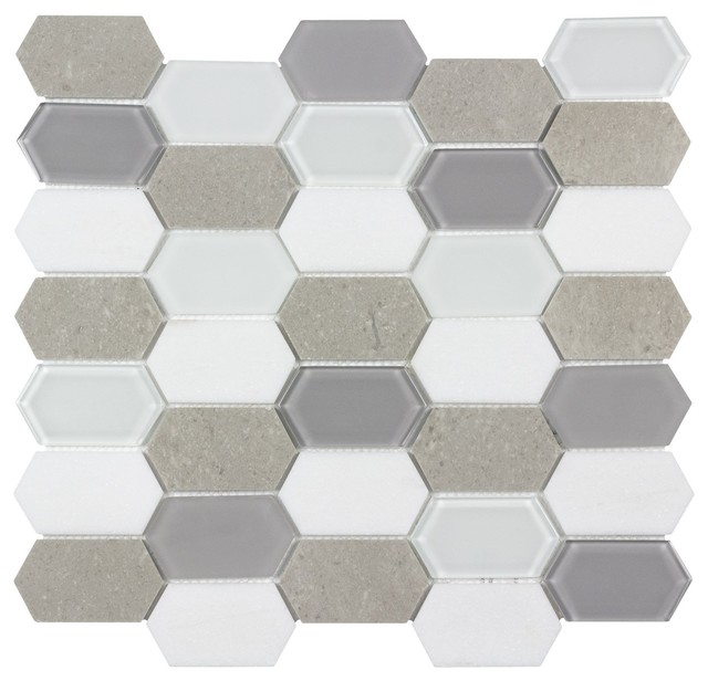 MTO0127 Hexagon White Cinderella Gray Glossy Thassos Marble Glass Mosaic Tile