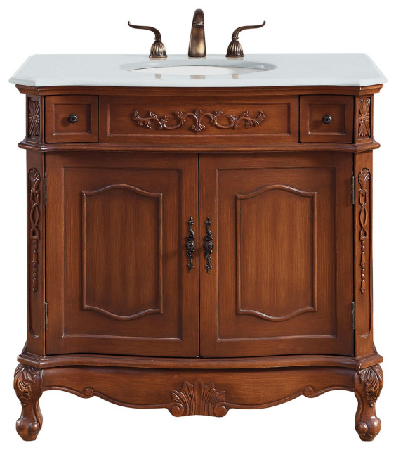 36" Single Bathroom Vanity, Brown With Ivory White Marble, Vf10536BrVw