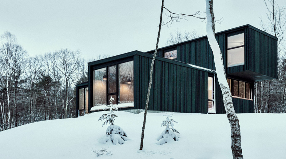 На фото: двухэтажный, деревянный, зеленый частный загородный дом в стиле модернизм с плоской крышей, металлической крышей, черной крышей и отделкой доской с нащельником