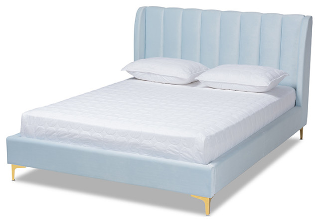 Light Blue Velvet Queen Size Platform Bed With Gold-Tone Legs