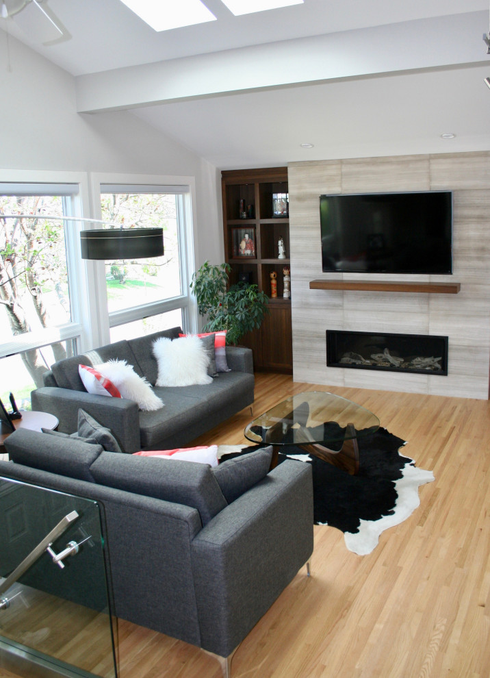 Immagine di un soggiorno minimalista di medie dimensioni e aperto con pareti grigie, parquet chiaro, camino classico, TV a parete, soffitto a volta e cornice del camino in pietra