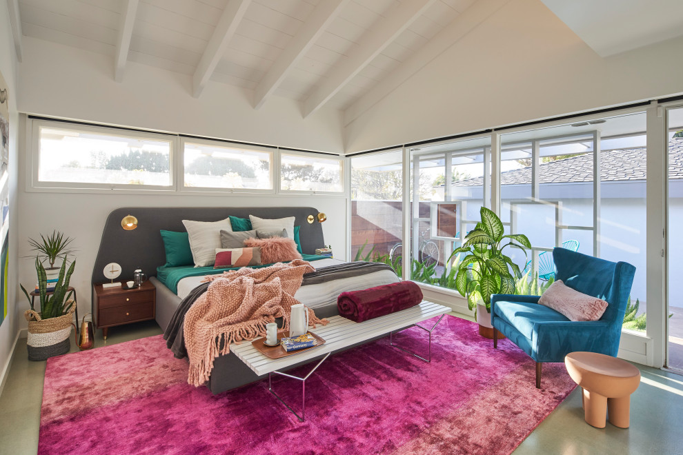 Inspiration for a medium sized midcentury master bedroom in San Diego with white walls, cork flooring, grey floors and exposed beams.