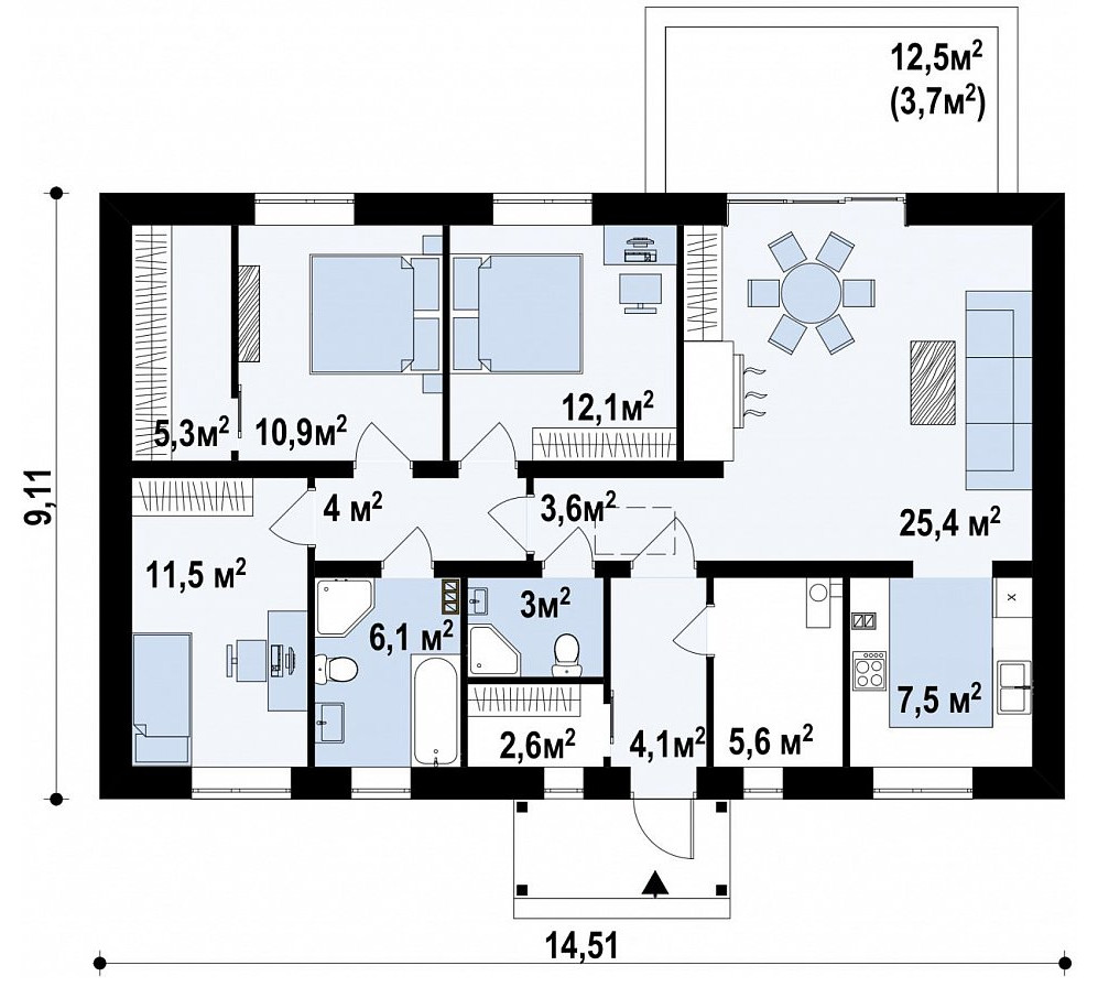 Аккуратный одноэтажный дом с деревянной отделкой на фасадах