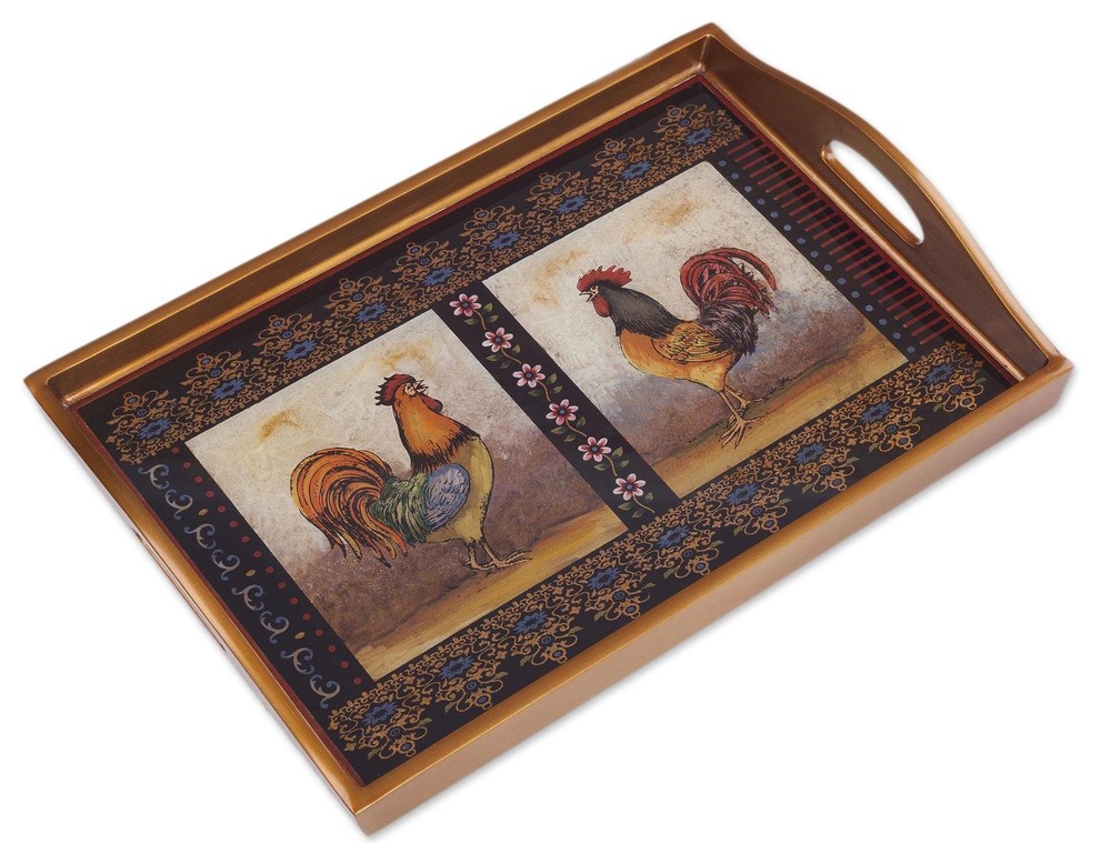 Crowing Roosters Reverse Painted Glass Tray