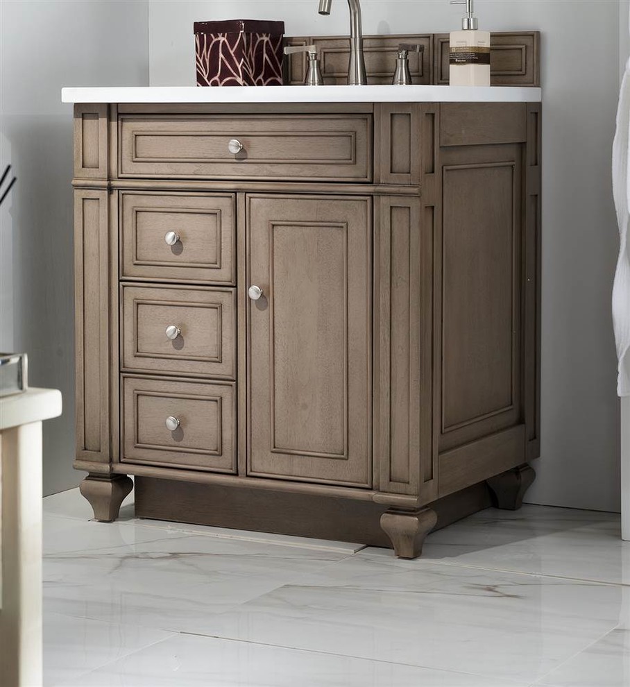 30 in. Single Vanity with Snow White Quartz Top in White Washed Walnut Finish