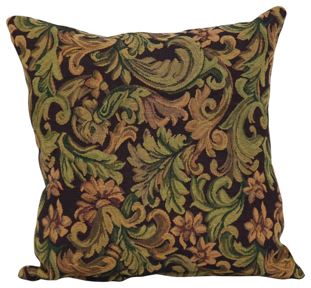 17" Tapestry Throw Pillow With Insert, Brown Damask Contemporary Decorative Pillows by