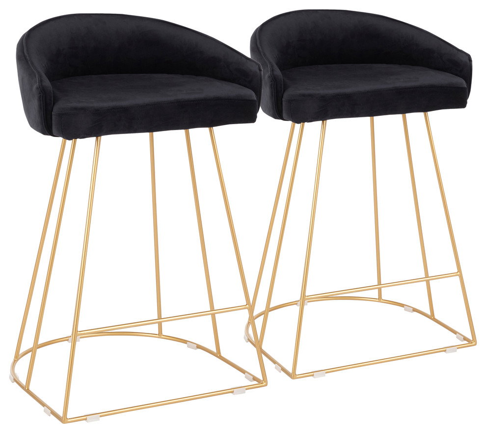 Canary Upholstered Contemporary Counter Stool, Set of 2, Black Velvet, Gold Meta