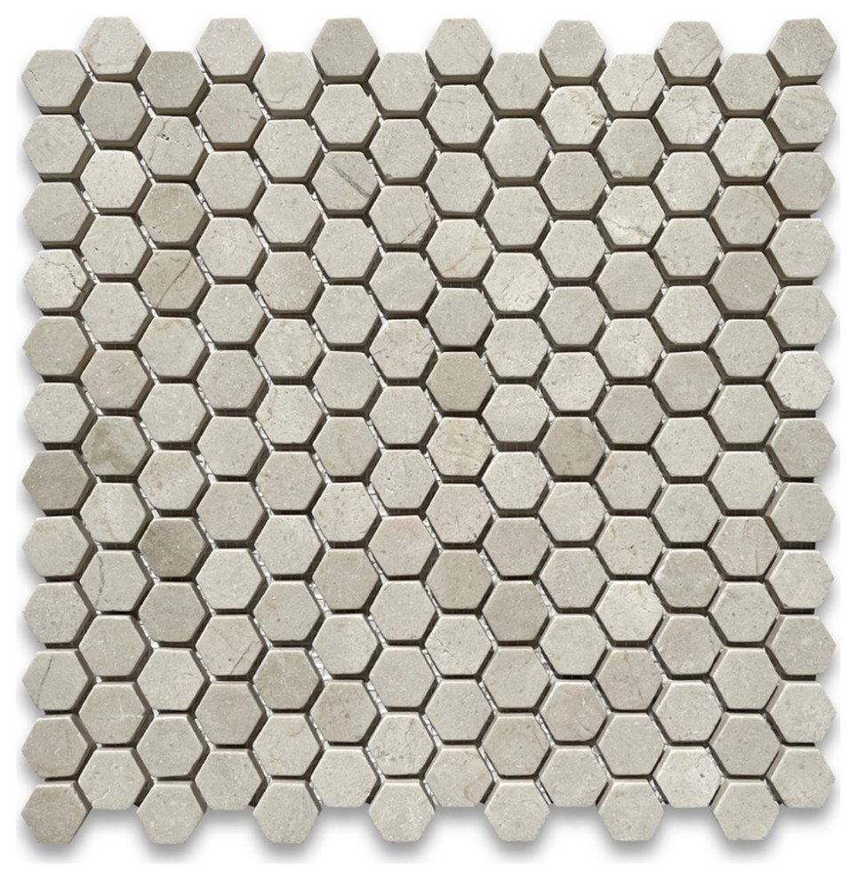 Anti Slip Shower Floor Tumbled Crema Marfil Marble 1" Hexagon Tile, 1 sheet