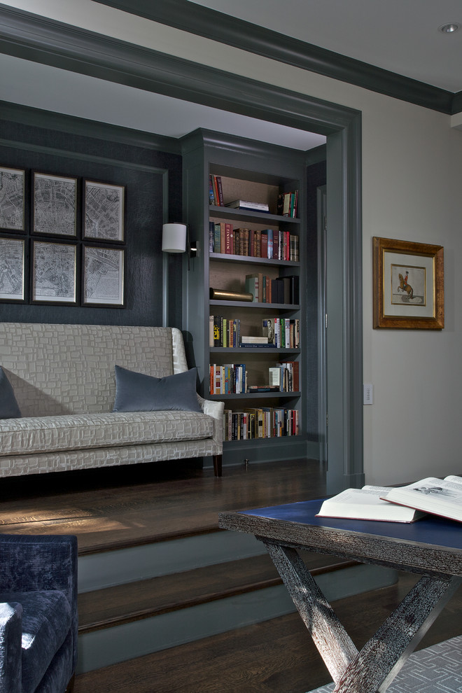 Contemporary home office in Chicago with grey walls, dark hardwood floors and a freestanding desk.