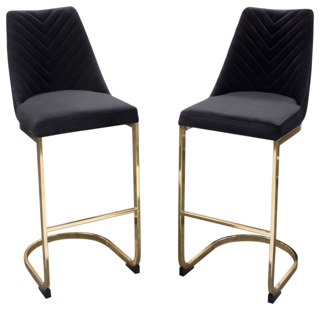 Vogue Set of 2 Bar Height Chairs in Black Velvet with Polished Gold
