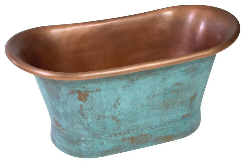 Air Jetted Copper French Bateau Bathtub With Lacquered Aged Verdigris